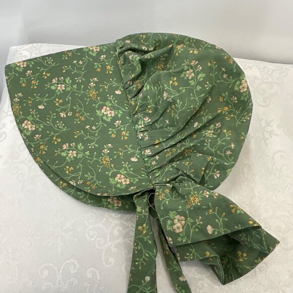 Green Floral Prairie Bonnet With Ties Womens Handmade Cotton Vintage Style - Picture 2 of 5